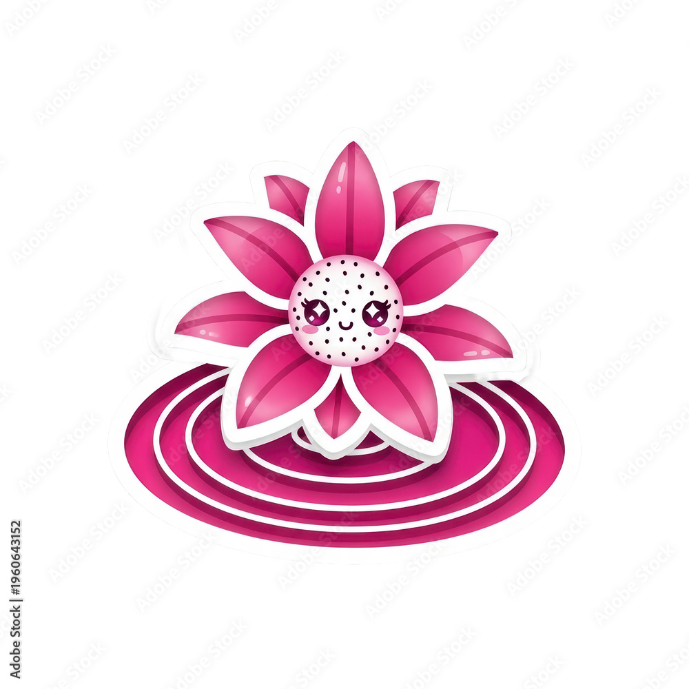 Fototapeta premium Smiling pink lotus cartoon on rippling water
