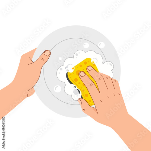 Hands washing a dirty plate with a yellow sponge and soap bubbles, cleaning concept