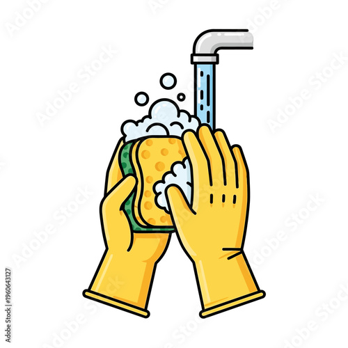 Hands in Yellow Gloves Washing Sponge Under Running Water With Soap Bubbles