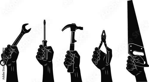 Black Silhouette Hands Holding Construction Tools Including Wrench Screwdriver Hammer Pliers and Hand Saw Isolated on White Background for DIY Hardware and Labor Concept