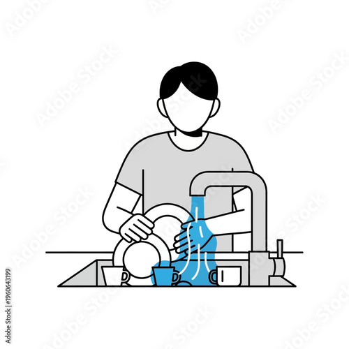 Person washing dishes in kitchen sink, illustration, simple flat design