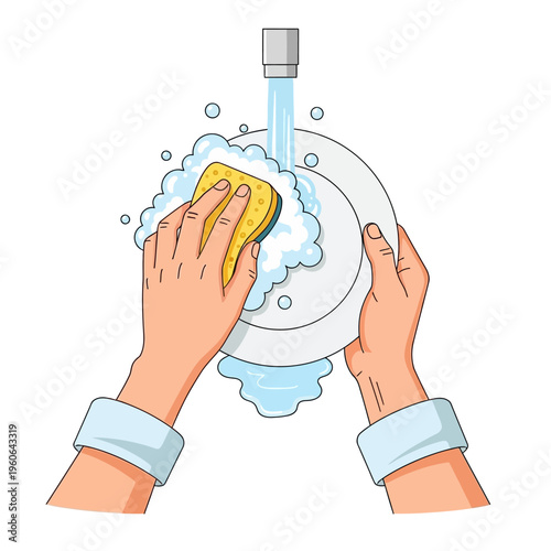 Hands washing a plate with a sponge and soap suds under running water