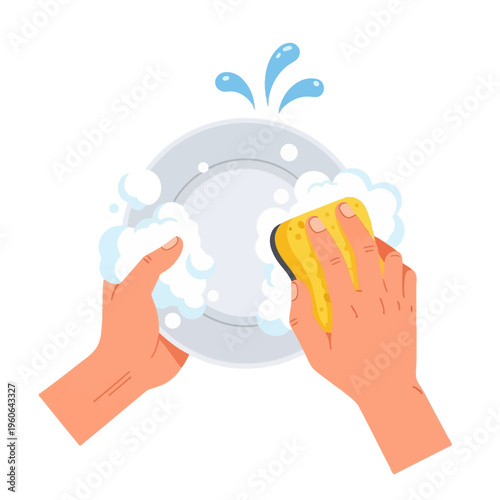 Hands washing a plate with a yellow sponge and soap bubbles, clean dishes concept.