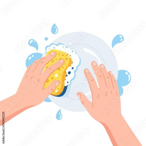 Hands washing a plate with a sponge, soap bubbles and water splashes