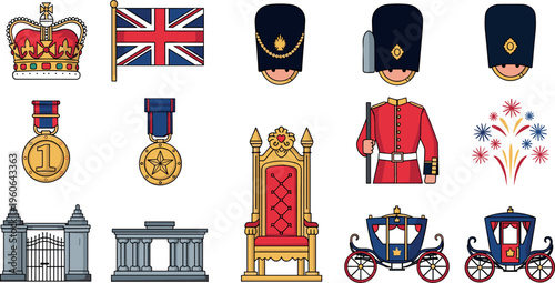 British Royal Ceremony Elements Set with Crown Flag Guards Throne Medals Carriage and Palace Icons Flat Vector Illustration Collection