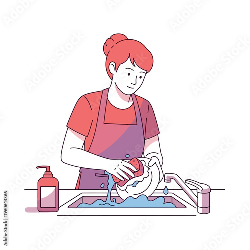 Woman washing dishes at kitchen sink with soap dispenser and sponge, illustration