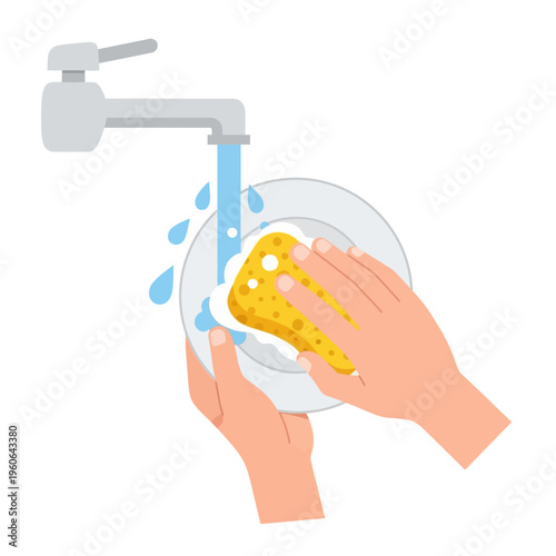 Hands washing a plate with a yellow sponge under running water from a faucet.