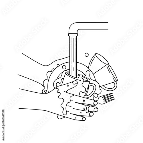Hands washing dishes under running water at kitchen sink, simple line art illustration