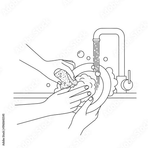 Hands washing dishes in sink with running water and soap suds, line art illustration.