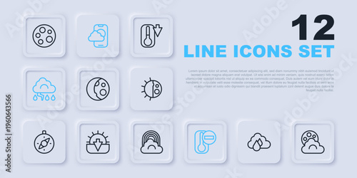 Set line Cloud with rain, moon, Moon phases, Thermometer, and lightning, Sunset, Weather forecast app and Rainbow cloud icon. Vector