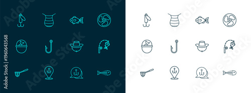 Set line Outboard boat motor, Fishing hook, Fisherman hat, lure and net icon. Vector