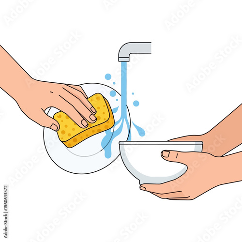 Hands washing dishes under running water with sponge and soap bubbles, kitchen cleaning concept
