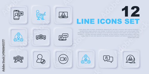 Set line Speech bubble chat, Movie, film, media projector, Meeting, Video conference, Freelancer and icon. Vector