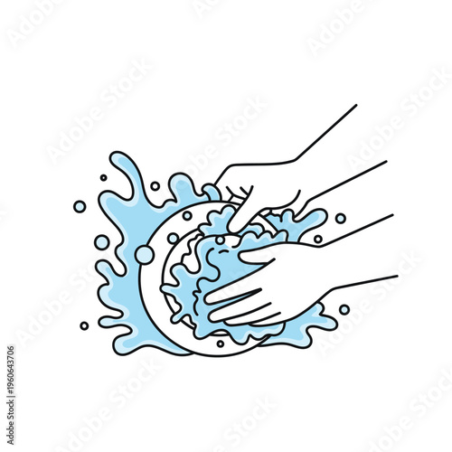 Hands washing dishes with soap and water, cleaning plate with sponge, hygiene concept