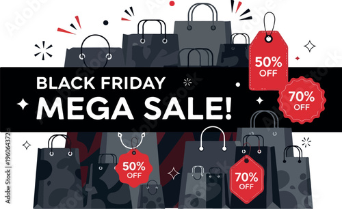 Black Friday Mega Sale Featuring Shopping Bags and Discount Tags, Perfect for Promotional Events and Marketing Campaigns