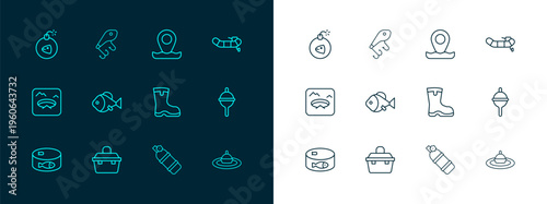 Set line Inflatable boat with motor, Case box for fishing equipment, Fishing boots, Aqualung, Location, Bomb and lure icon. Vector