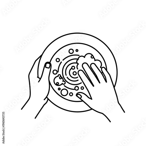 Hands washing a dish with a sponge, illustration, top view