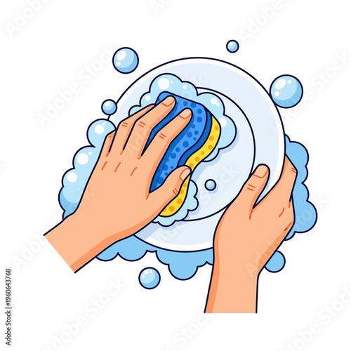 Hands Washing Dishes with Sponge and Bubbles - Domestic Chore Illustration