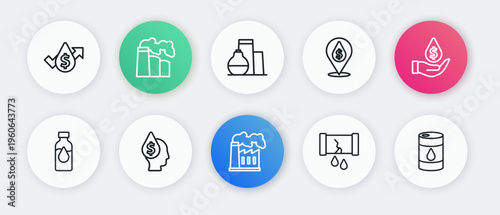Set line Oil and gas industrial factory, drop with dollar symbol, petrol test tube, Broken oil pipe valve, tank storage, Barrel and icon. Vector