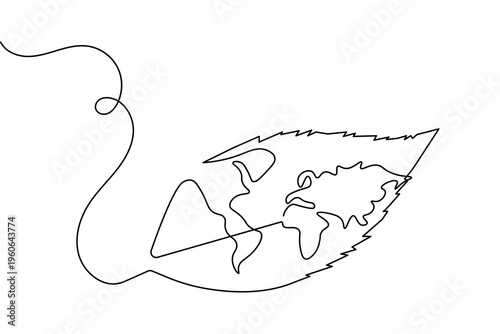 Earth day continuous one line drawing with world map on leaf minimalist style vector illustration