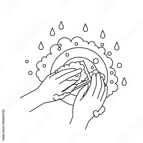 Hands washing dirty dishes with soap bubbles and water drops, line art illustration