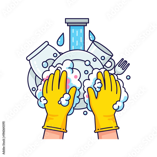 Hands Washing Dishes with Yellow Gloves and Bubbles Under Running Water