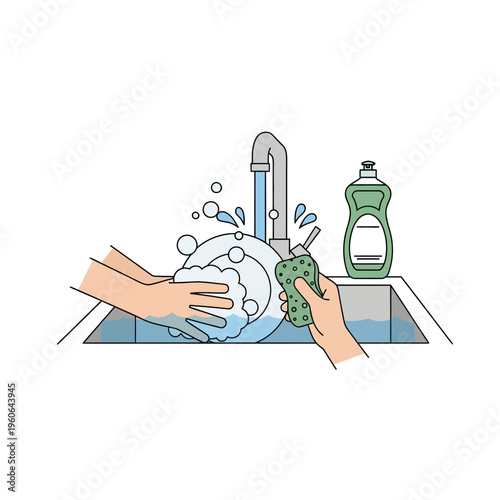 Hands washing dishes in kitchen sink with soap and sponge, clean hygiene concept