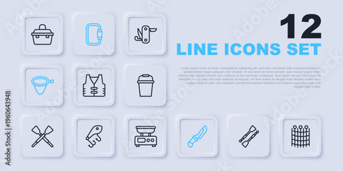 Set line Oars or paddles boat, Fishing net pattern, jacket, Knife, lure, Carabiner and Electronic scales icon. Vector