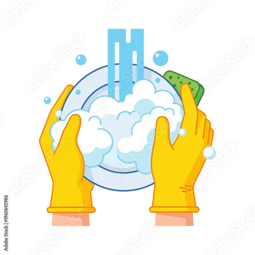 Hands washing dishes with yellow gloves, soap bubbles and running water