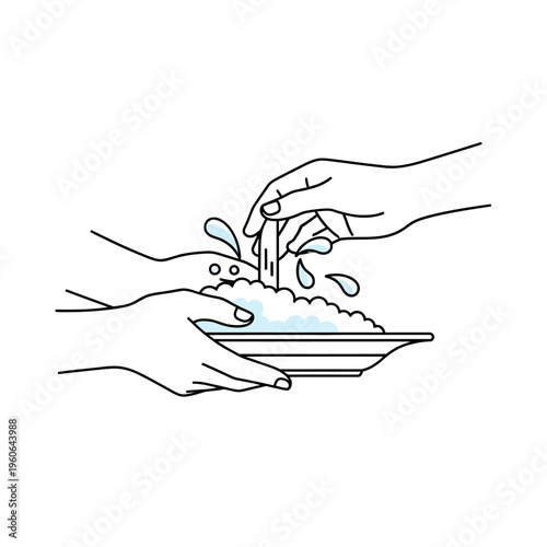 Hands washing dishes in sink with running water, hygiene, cleaning
