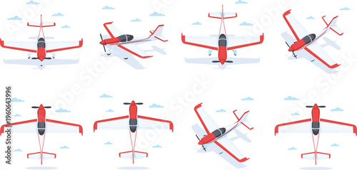 Airplane vector illustration set with propeller plane, multiple angles, clouds, and cartoon flight design
