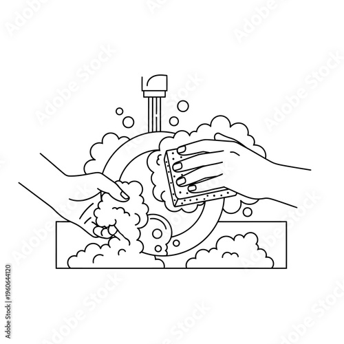 Hands washing dishes with soap and sponge in sink, line art illustration