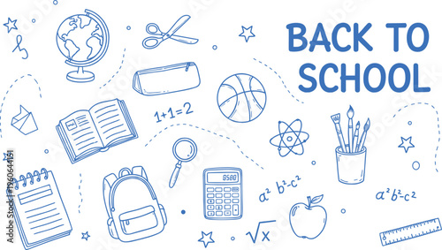Back to School vector illustration with books, backpack, globe, calculator, and educational sketch elements