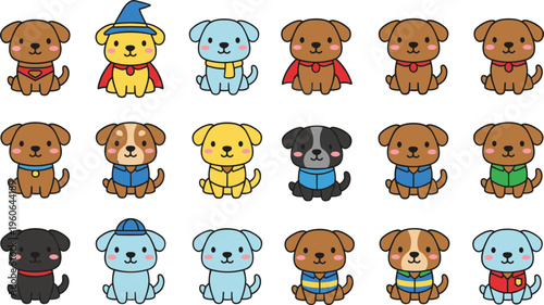 Cartoon puppy character vector illustration set with costumes, accessories, superhero outfits, and cute expressions