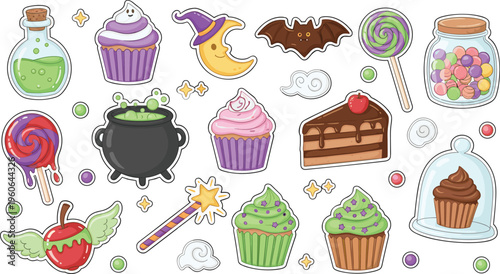 Halloween sweets vector illustration with cupcakes, candy, potion, cauldron, bat, moon, and festive magical design