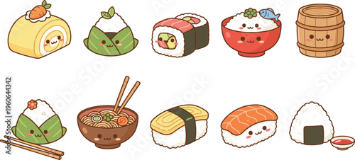 Japanese food kawaii vector illustration with sushi, ramen, rice bowl, and cute cartoon faces