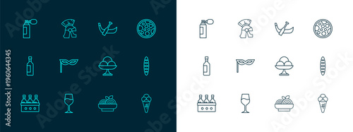 Set line Pizza, Wine glass, Ice cream the bowl, Pasta spaghetti, Carnival mask, Gondola boat, Perfume and Roman army helmet icon. Vector