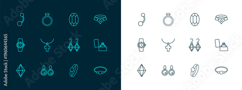 Set line Necklace, Earrings, Diamond engagement, Christian cross chain, Gem stone, Piercing and icon. Vector