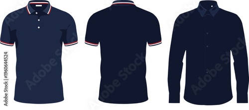 Men’s shirt vector illustration with polo front, polo back, and long‑sleeve button‑down design