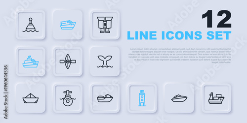 Set line Speedboat, Cargo ship, Kayak and paddle, Lighthouse, Submarine, and Jet ski icon. Vector