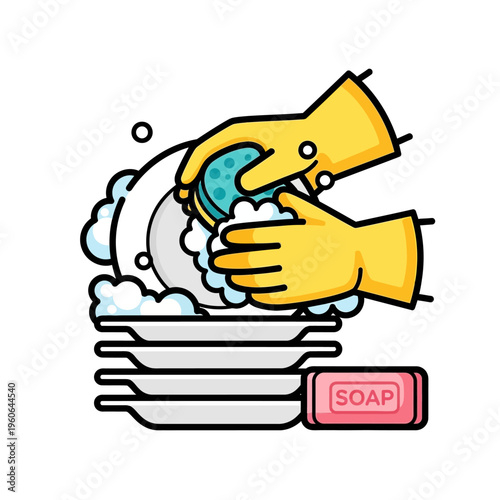 Yellow gloved hands washing dishes with sponge and soap, domestic chores illustration