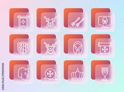 Set line Medieval helmet, Crusade, King crown, Shield with swords, arrows, flag and Skull icon. Vector