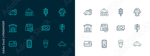 Set line Location taxi car, Taxi driver license, Stacks paper money cash, Traffic light, and service rating icon. Vector
