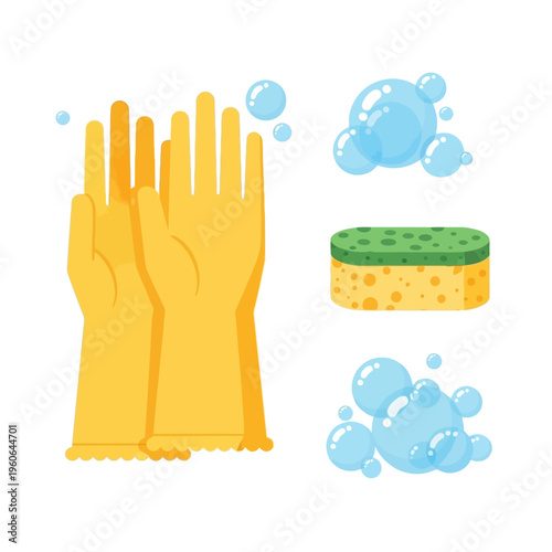 Yellow Rubber Gloves, Sponge, and Bubbles - Cleaning Supplies Icon Set
