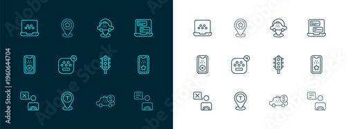 Set line Taxi mobile app, Location taxi car, Traffic light, Taximeter device, and with star icon. Vector