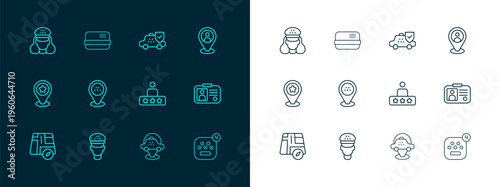 Set line Taxi client, driver, service rating, Location taxi car, insurance, and Credit card icon. Vector