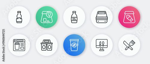Set line Coffee cup to go, Online ordering fish, food, Lunch box, Bottle water, Crossed knife and fork and icon. Vector