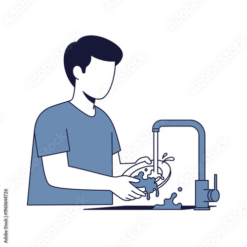 Man washing dishes at kitchen sink with running water, cleaning plate