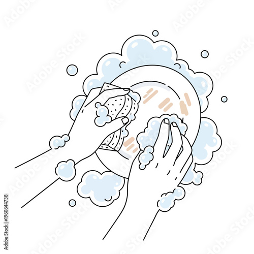 Hand Washing Dish with Sponge and Suds, Simple Line Art Illustration