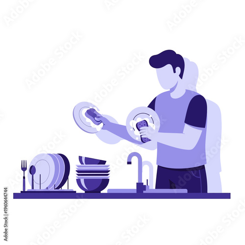 Man washing dishes at kitchen sink, domestic chores, cleaning household items, flat design illustration